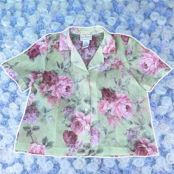 Vintage Large Blouse Floral Rose Patterned Fairycore Botanical Sheer Grandma Top - Picture 5 of 5